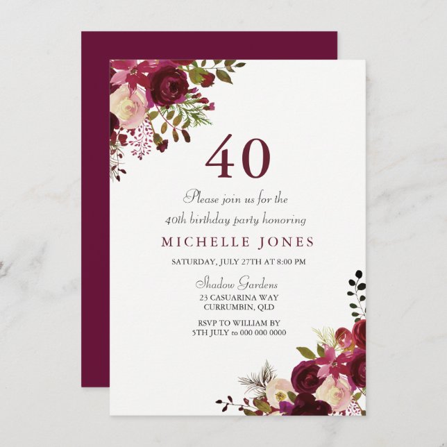 Elegante invitación de Borgoña Floral 40 cumpleaño (Anverso / Reverso)