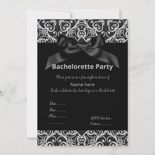 ELEGANTE INVITACIÓN DE BOW BACHELORETTE GRIS NEGRO (Anverso)