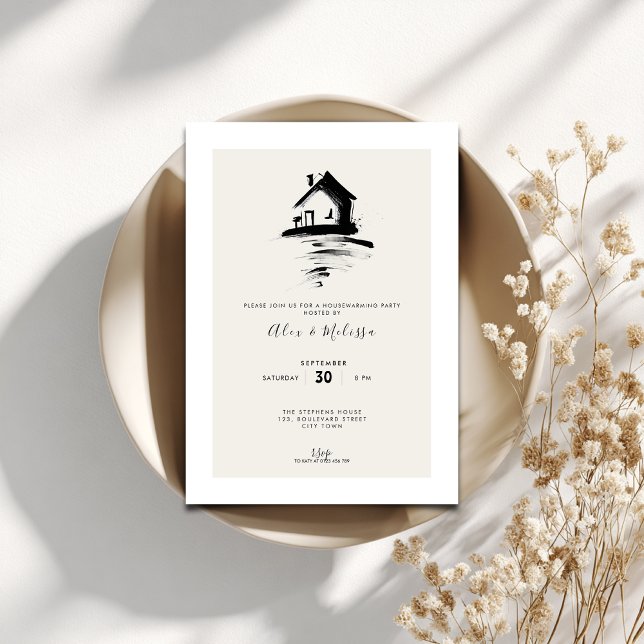 Elegante Invitación de Calentamiento de Casa - Cas (Minimal housewarming invitation with a hand drawn house.)