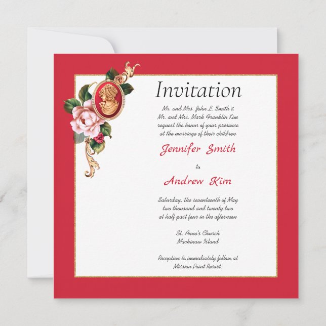 Elegante Invitación de Cameo Rojo y Oro (Reverso)