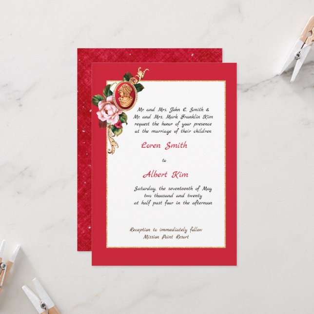 Elegante Invitación de Cameo Rojo y Oro (Anverso/Reverso In Situ)