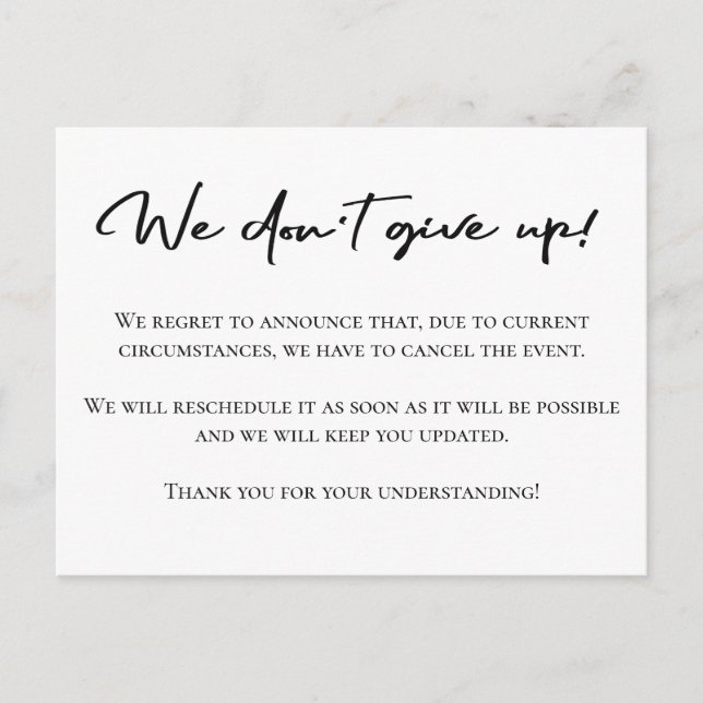 Elegante invitación de cancelación en blanco y neg (Anverso)