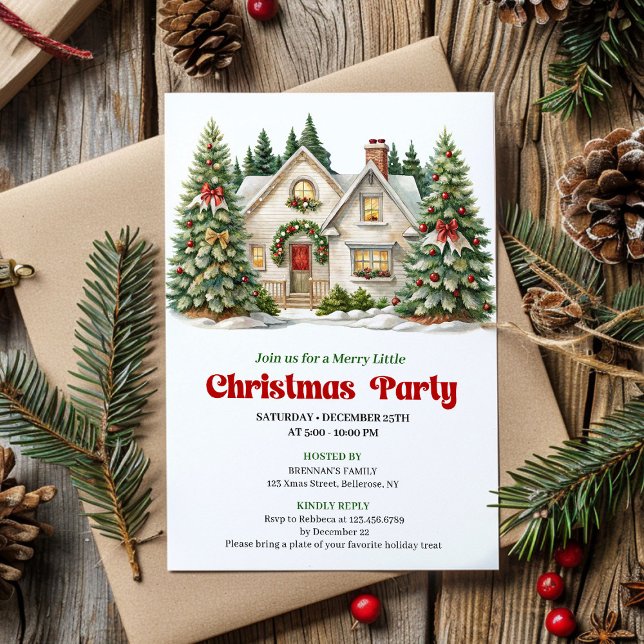 Elegante invitación de casa de Navidad acogedora e (Elegant Cozy Christmas house invitation watercolor)