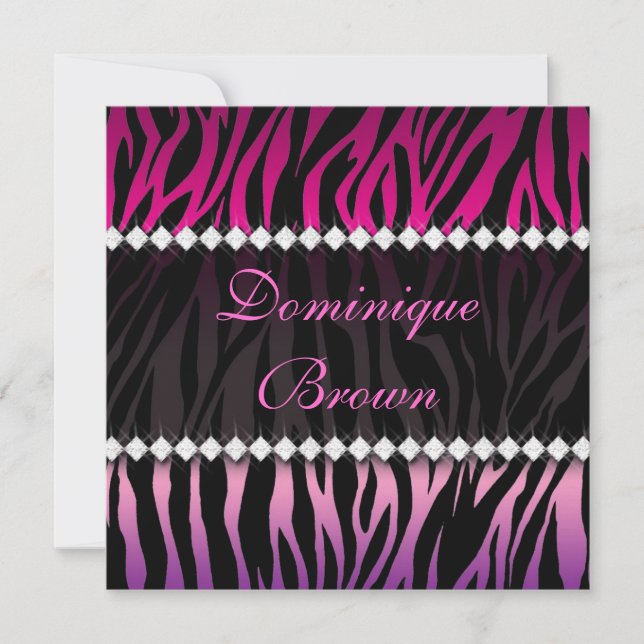 Elegante invitación de cebra rosa y negro con joya (Anverso)