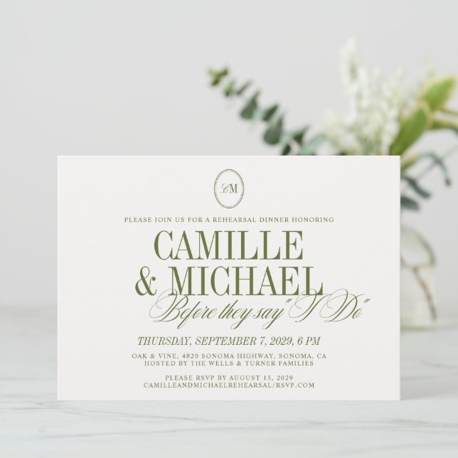 Elegante Invitación de Cena de Ensayo con Monogram (Anverso de pie)
