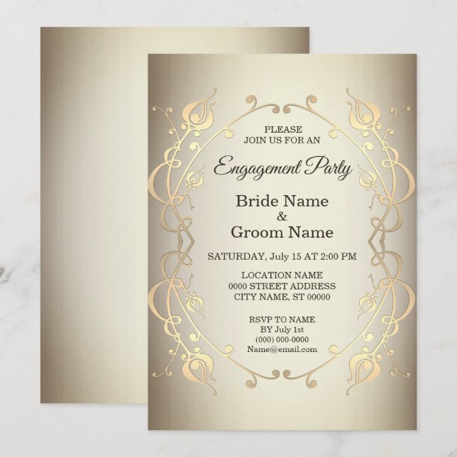 Elegante Invitación de Compromiso con Flores de Or (Anverso / Reverso)