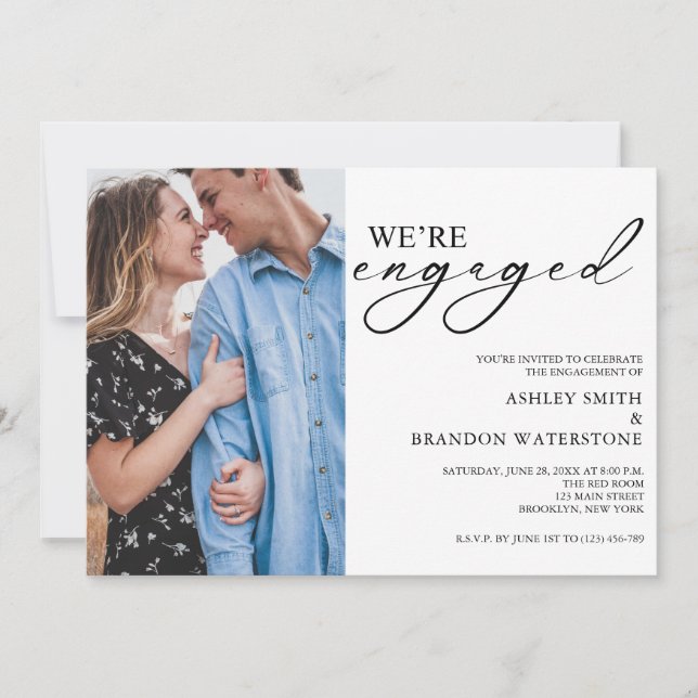 Elegante invitación de compromiso con foto para fi (Anverso)