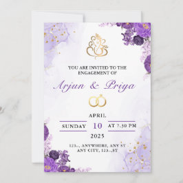 Elegante invitación de compromiso con la flor púrp