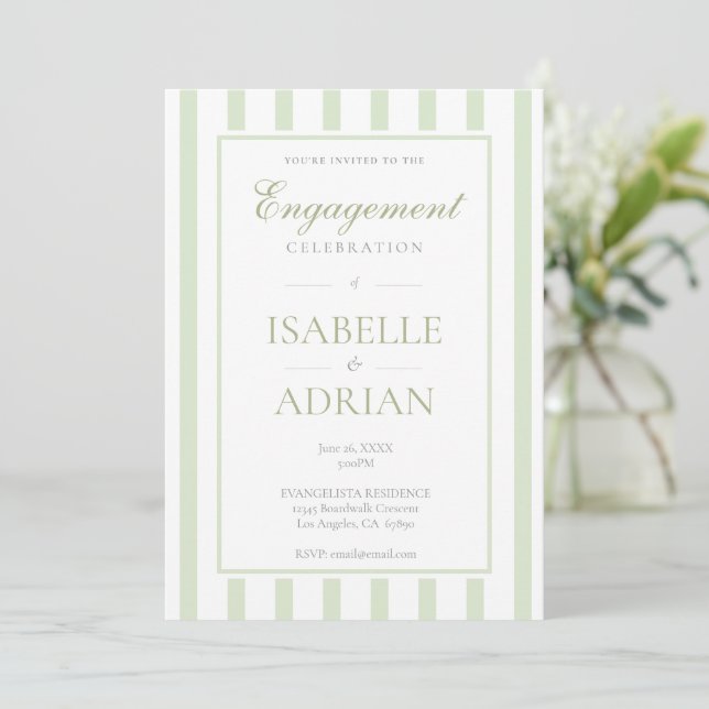 Elegante Invitación de Compromiso con Raya Verde S (Anverso de pie)