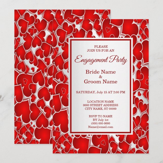 Elegante invitación de compromiso de corazones roj (Anverso / Reverso)