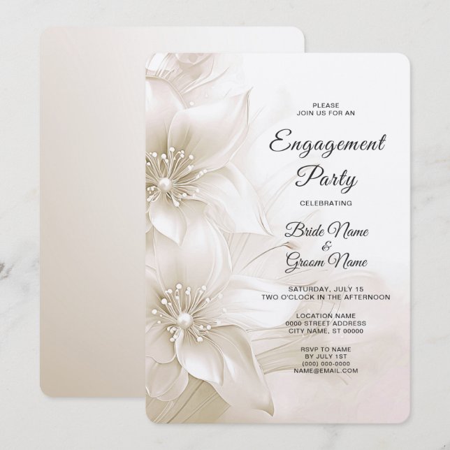 Elegante Invitación de compromiso de flores blanca (Anverso / Reverso)
