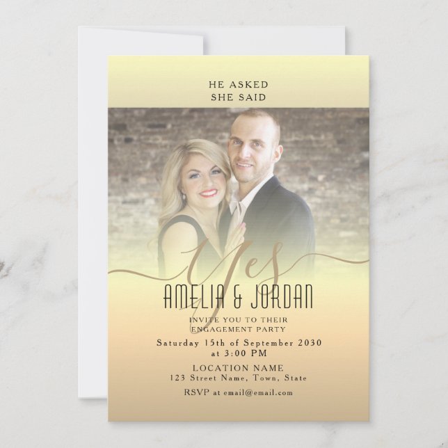 Elegante Invitación de Compromiso de Foto en Oro p (Anverso)