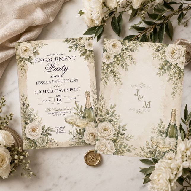 Elegante Invitación de Compromiso de Jardín con Ch (Elegant olive green champagne Engagement Party invitation)