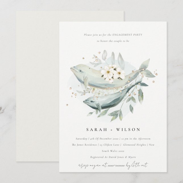Elegante Invitación De Compromiso De Pescado Flora (Anverso / Reverso)