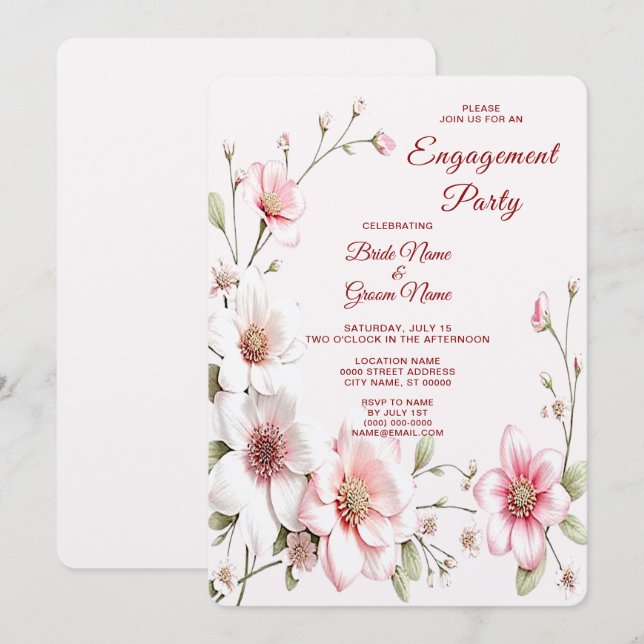 Elegante invitación de compromiso floral blanca ro (Anverso / Reverso)