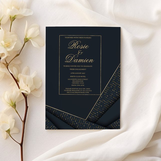 Elegante invitación de compromiso geométrica azul  (Elegant navy blue gold geometrical Engagement)