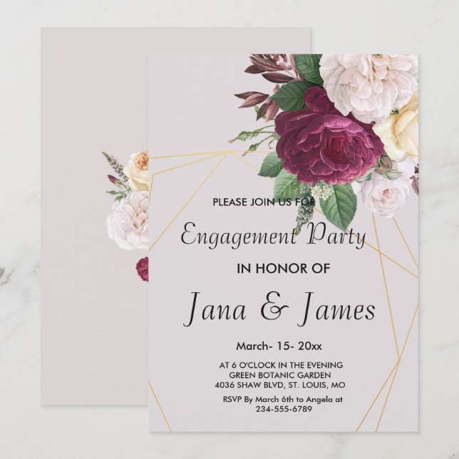 Elegante invitación de compromiso geométrico dorad (Anverso / Reverso)