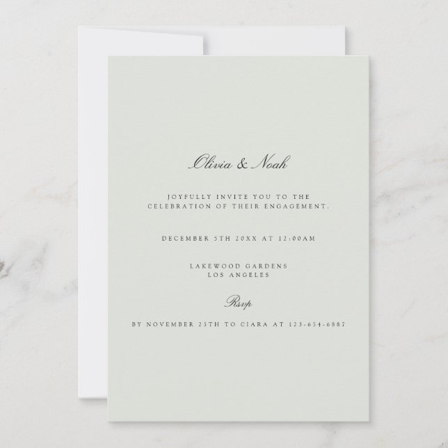Elegante invitación de compromiso verde negro y sa (Anverso)
