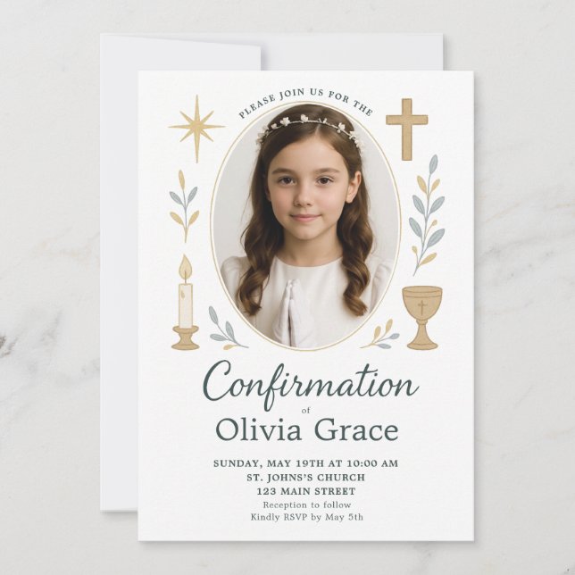 Elegante invitación de confirmación de Chica (Anverso)