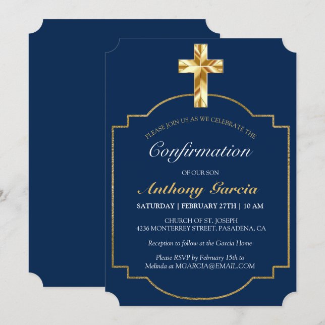 Elegante invitación de confirmación de cruz de oro (Anverso / Reverso)