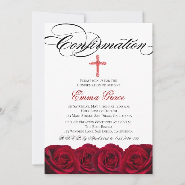 Elegante Invitación de confirmación de cruz floral (Anverso)
