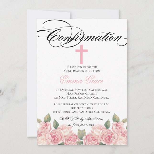 Elegante Invitación de confirmación de cruz floral (Anverso)