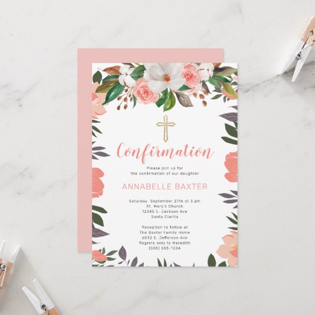 Elegante invitación de confirmación floral de cora (Anverso/Reverso In Situ)