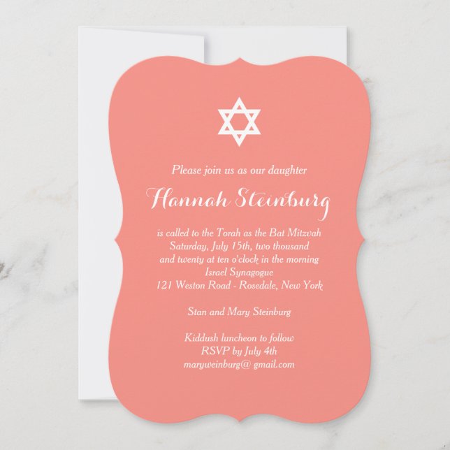 Elegante invitación de Coral Bat Mitzvah (Anverso)