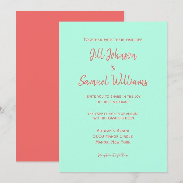 Elegante invitación de Coral y Turquesa (Anverso / Reverso)