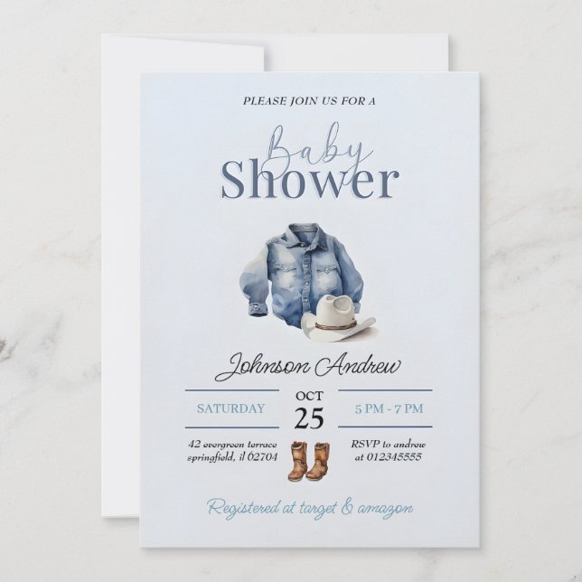 Elegante invitación de Cowboy a Baby Shower (Anverso)