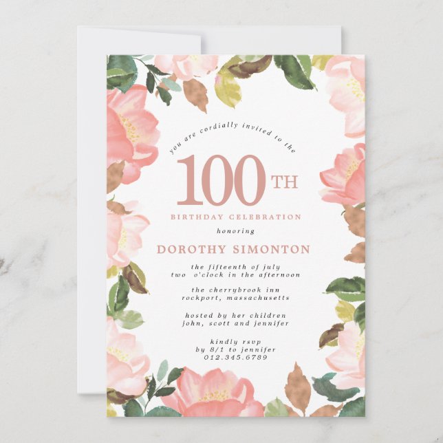 Elegante Invitación de cumpleaños 100 de Floral Ro (Anverso)