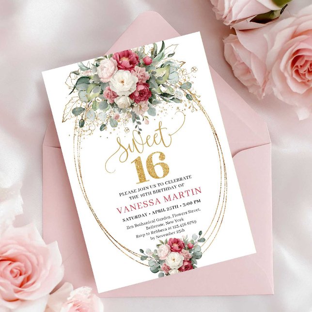 Elegante Invitación de Cumpleaños 16 con Flores de (Elegant Burgundy White Gold Floral Sweet 16 Invitation)