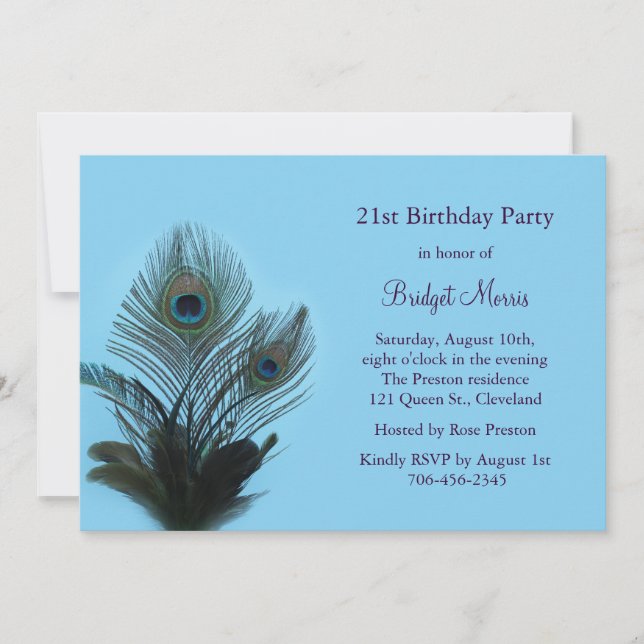 Elegante Invitación de cumpleaños 21 de Peacock (Anverso)