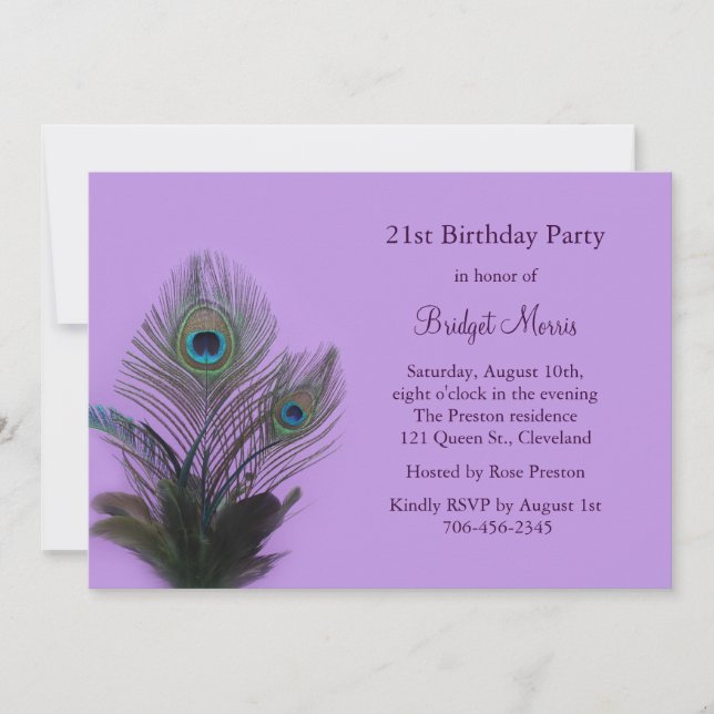 Elegante Invitación de cumpleaños 21 de Peacock (Anverso)