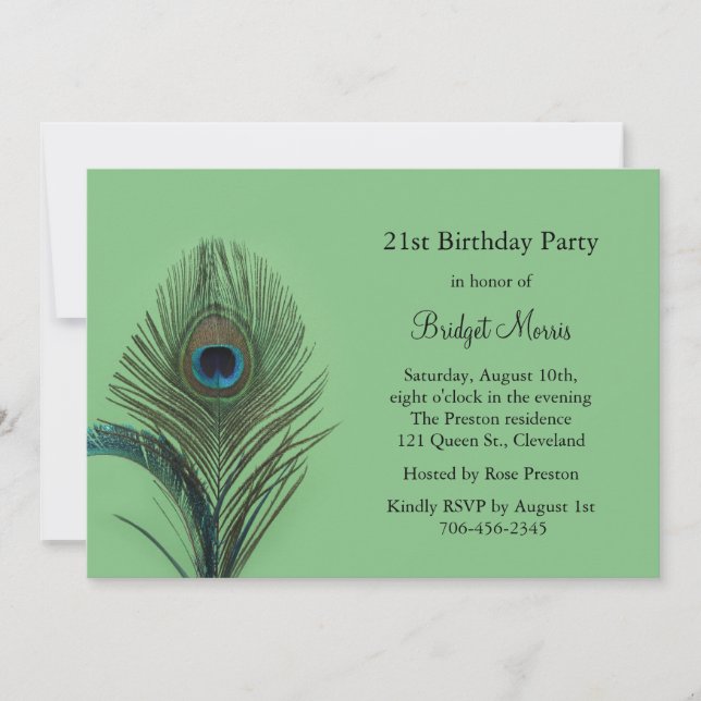 Elegante Invitación de cumpleaños 21 de Peacock (Anverso)