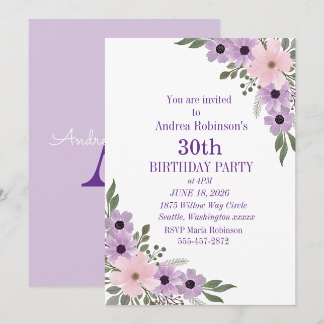 Elegante Invitación de cumpleaños 30 con flores mo (Anverso / Reverso)