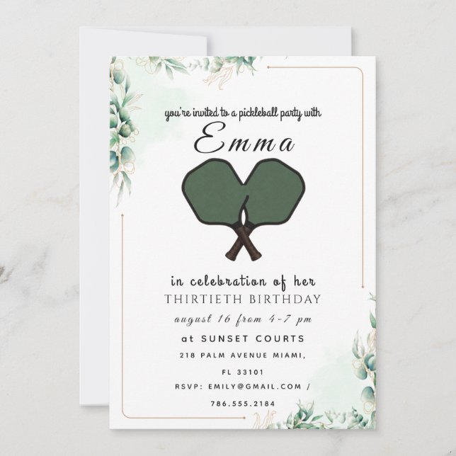 Elegante Invitación de Cumpleaños 30 de Pickleball (Anverso)