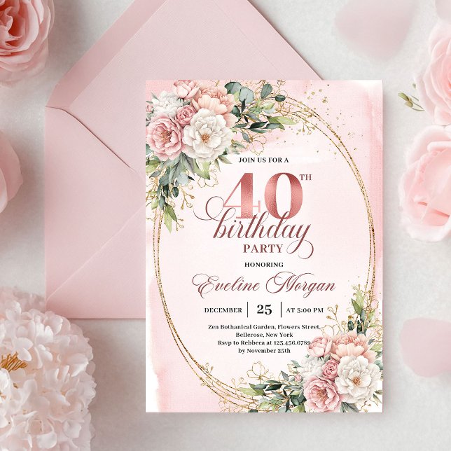 Elegante Invitación de Cumpleaños 40 Boho Blush Fl (Elegant Boho Blush Floral 40th Birthday Invitation)