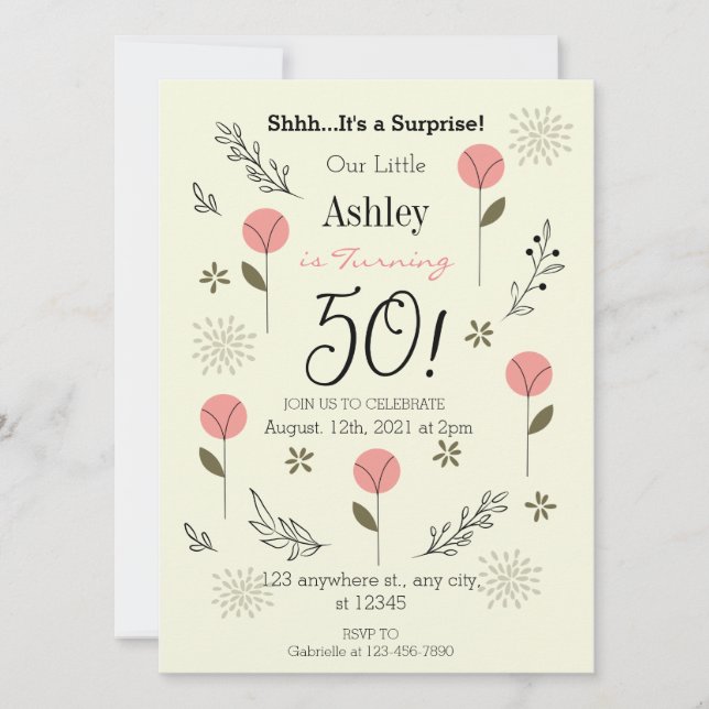 Elegante Invitación de cumpleaños 50 de Suprise Fl (Anverso)