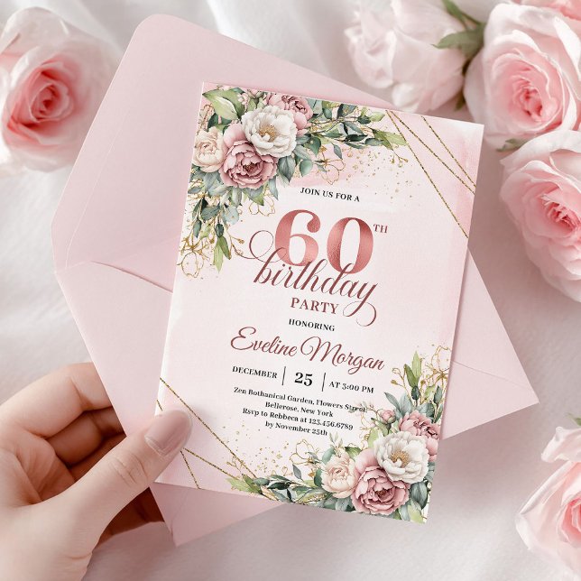 Elegante Invitación de Cumpleaños 60 Boho Floral R (Elegant Rose Gold Boho Floral 60th Birthday Invitation)