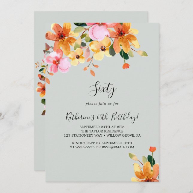 Elegante invitación de cumpleaños 60 con flores pi (Anverso / Reverso)