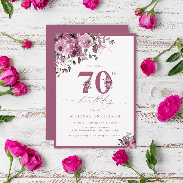 Elegante invitación de cumpleaños 70 a Floral Púrp (Subido por el creador)