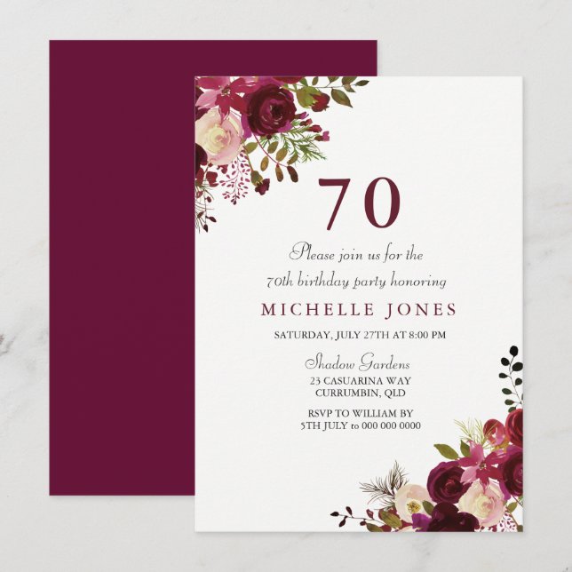 Elegante invitación de cumpleaños 70 con flores de (Anverso / Reverso)