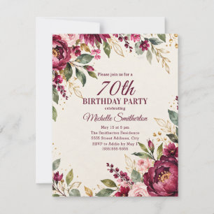 Elegante Invitación de Cumpleaños 70 Floral Rosa B