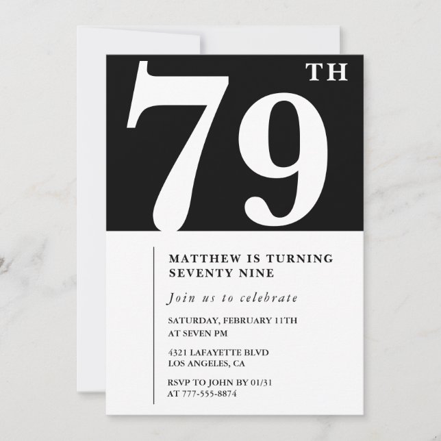 Elegante invitación de cumpleaños 79 de blanco neg (Anverso)