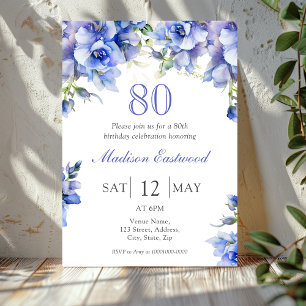 Elegante invitación de cumpleaños 80º Floral Azul