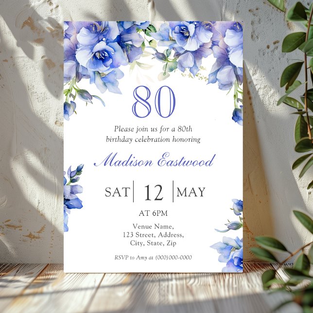 Elegante invitación de cumpleaños 80º Floral Azul (Subido por el creador)