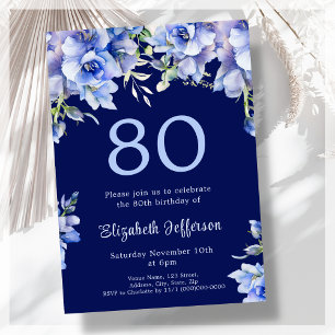 Elegante invitación de cumpleaños 80º Floral Azul