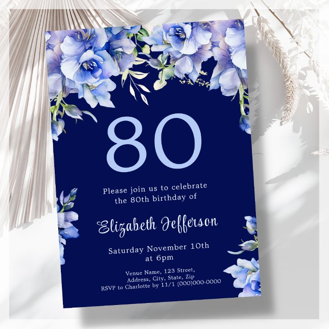 Elegante invitación de cumpleaños 80º Floral Azul (Subido por el creador)