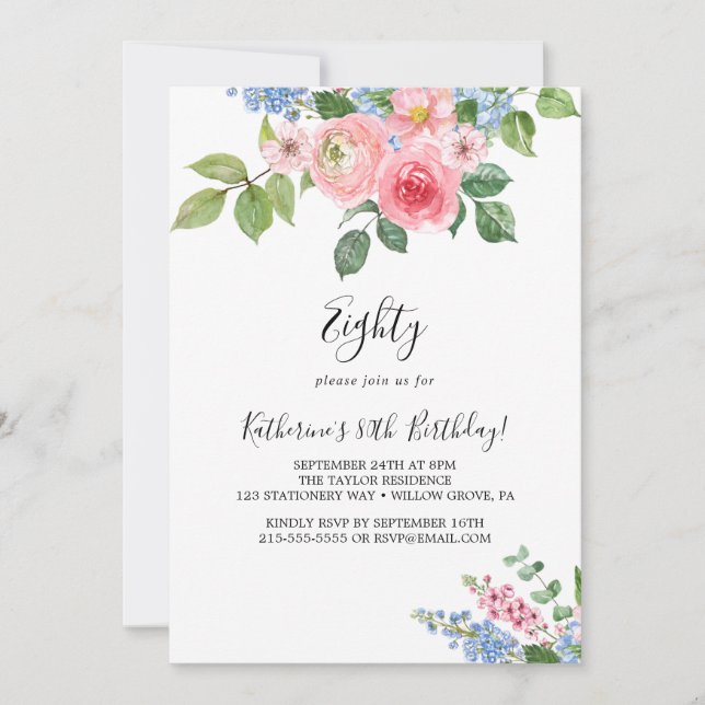 Elegante invitación de cumpleaños 80 con flores pi (Anverso)